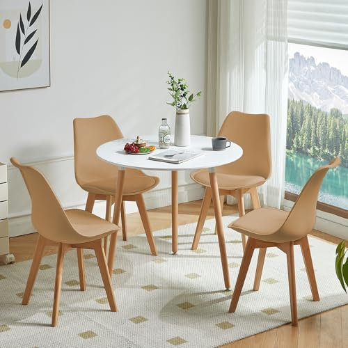 FURNITABLE Essgruppen Esstisch mit 4 Stühlen, Runder Küchentisch und 4er Set Esszimmerstühle Esszimmergruppe für 4 Personen, Sitzgruppe für Wohnzimmer Küche Büro (Weiß Tisch + 4 Khaki Stühl)