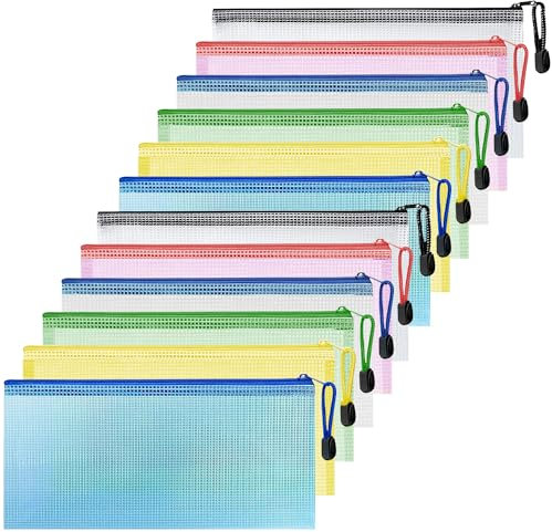 Rhimooay 12 Stück Dokumententasche A6, Bunte Wasserdichte Dokumententasche mit Reißverschluss, Datei Zipper Tasche Mesh Kunststoff Reißverschlusstasche für Kosmetika, Reisezubehör, 6 Farbe
