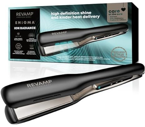 REVAMP Enigma Radiance Plancha de Pelo de Placas Anchas - Placas Extra Anchas para Alisado en Una Pasada Diseño Curvo para Ondas y Rizos Duraderos Plancha Profesional de Cerámica