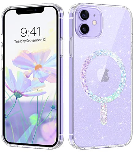 Coque magnétique pour iPhone 12/iPhone 12 Pro Glitter transparente, compatible avec Magsafe, fine TPU silicone anti-rayures antichoc anti-jaunissement, protection d'écran et appareil photo