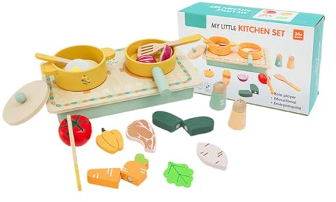 Faire Semblant de Jouer à la Cuisine de Cuisine, pour - casseroles en Bois avec casseroles, pelles, légumes pour garçons Filles