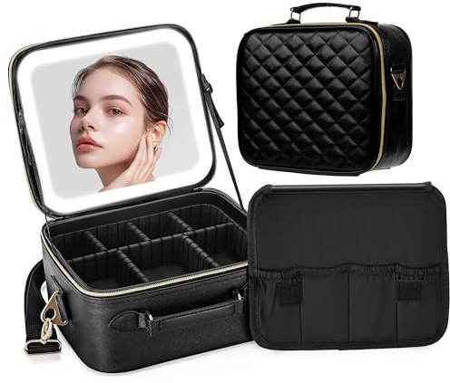 SJD Trousse de maquillage de voyage avec miroir LED, organiseur de maquillage portable avec miroir éclairé, étui de maquillage étanche pour rangement de pinceaux cosmétiques, trousse de toilette noire
