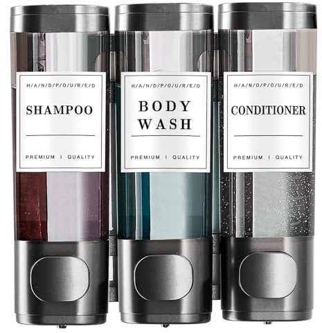 KSITEX Seifenspender Wandmontiert– Shampoo & Duschgel Spender Duschgel für Bad, Küche, Hotel Bohrfrei Auslaufsicher Abschließbar Großvolumiger (3x300ml, Grau)