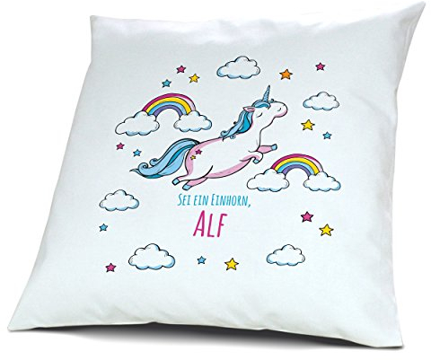 printplanet Kopfkissen mit Namen Alf - Motiv Sei EIN Einhorn, 40 cm, 100% Baumwolle, Kuschelkissen, Liebeskissen, Namenskissen, Geschenkidee