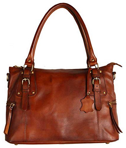 Superior Leather - Damen Echtleder Handtasche Schultertasche Vollnarbiges Echtleder Cognac SLG-2, cognac, Medium