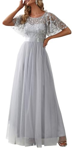 Ever-Pretty Robe de Demoiselle d'honneur Col Rond Manches Courtes Taille Empire A-Line Tulle Longue pour Soirée Bal Gala Femme Gris 42