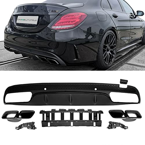 DM Autoteile Set Heckdiffusor Schwarz Hochglanz + Blenden passend für C-Klasse W205 Limousine 14-18 AMG Sport