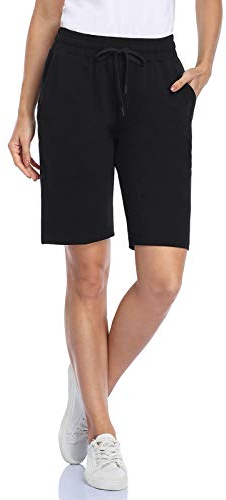 MOVE BEYOND Damen Bermuda Shorts Kurze Hose Sommer Baumwolle Sporthose Jogginghose Knielang mit 3 Taschen, Schwarz, L