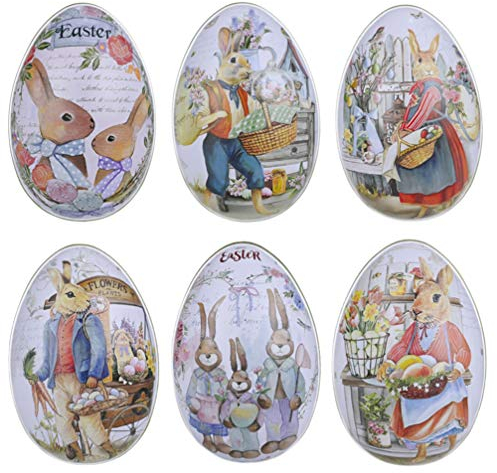 jojofuny 6pcs Easter Rabbit Tin Box Creative Egg Shaped Candy Case Metal Jewelry Coin Storage Holder Tinplate For Egg Hunt Game Spring Easter Basket Stuffer 12.5x8.5x9cm