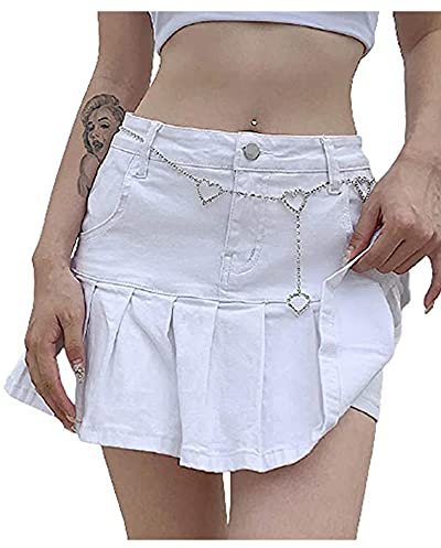 Acrawnni Damen Sommer Casual Slim Plissee Rüschen Denim Röcke Hohe Taille Harajuku Gothic Punk Mädchen Y2K Vintage A-Linie Kurze Jeans Mini Röcke, A-weiß, 44