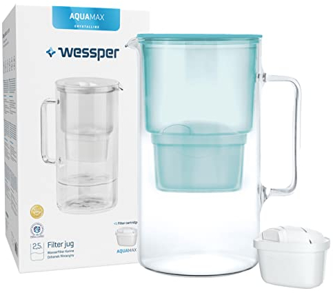 Wessper Glass Water Filter Jug + 1 Water Filter Cartridge | Replacement for Dafi Unimax Aquaphor A5 BRITA Maxtra+ Philips AWP212/10 Filter | 3 Litre | Mint