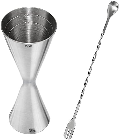 Jigger Cocktail Mesure de Bar en 304 acier inoxydable 30/60 ml avec cuillère à mélanger, Argent