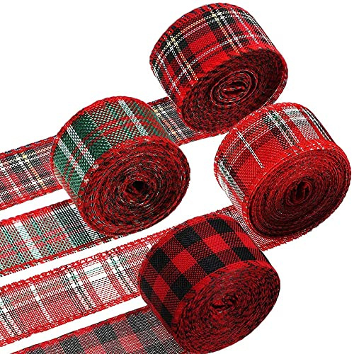 Reofrey Lot de 4 rouleaux de ruban en toile de jute à carreaux rouges et noirs, pour Noël, mariage, fête d'anniversaire, festival, loisirs créatifs