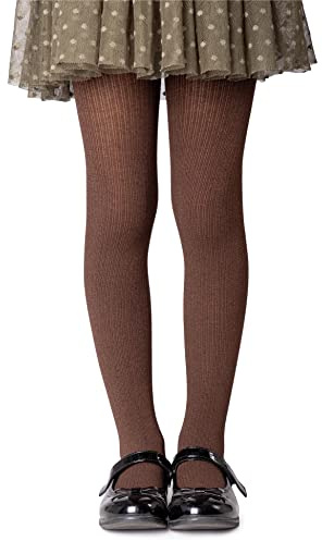 NOQ filles collants en tricot uni aux pieds chauds opaques école enfant bas Ballet danse spectacle pépinière, Chocolate 140/146 cm