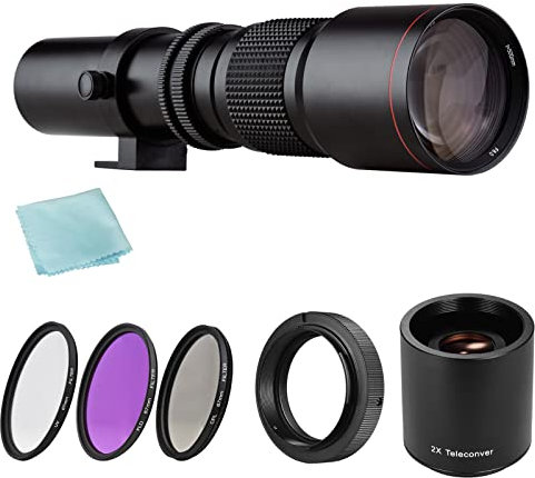 Andoer Superteleobjektiv 500 mm F/8.0-32 Manueller Zoom T-Mount + UV/CPL/FLD-Filter + 2 x 500 mm Telekonverter-Objektiv + T2-AF-Adapterring für Sony A900 A850 A700 A580 A560 A550 A500 A99 A77 AF-Mount