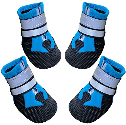 AMOMYDOG Hundeschuhe, 4 Stück Atmungsaktive Hunde Schuhe Outdoor mit Rutschfester Sohle, Verstellbarem Reflektierendem Klettverschluss Hundestiefel für kleine, Mittlere und Große Hunde (Blau, XL)