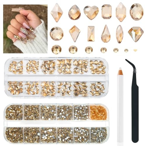 qiipii 4080Pcs Champagne Gold Nail Rhinestones Multi Shapes Crystal Golden Flatback Rhinestones Gems Round Beads K9 Glass Stones Diamonds jewels Art Charms for Nail Face Eyes Makeup DIY Crafts Clothes