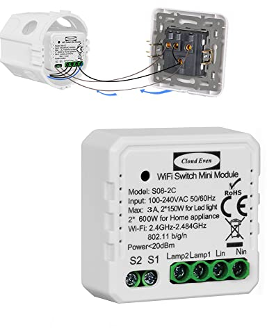 Cloud Even Interrupteur WiFi Alexa Sans Fil, Va et Vient Parallèle,Commutateur Relais WiFi Smart, Récepteur Commutateur Connecté Intelligent, Relais Compatible avec Google Home 1gang