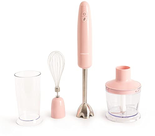 CREATE/FULLMIX RETRO/Batidora de mano Rosa/Bate, mezcla y monta, 6 velocidades, vaso medidor 600ml, libre de BPA, vaso para triturar 500 ml, 1000W