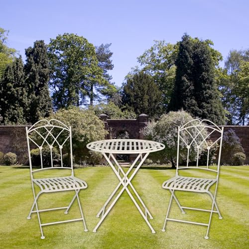 GlamHaus Garden Bistro Patio Set, 3 Piece Folding Metal Garden Set, Balcony Furniture, Foldable Table and Two Chairs (Caserta Antique White)