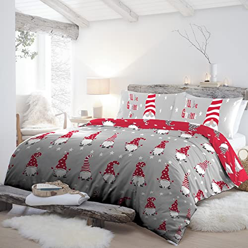 Fusion - Housse de Couette Gonk de Noël Rouge - 200 x 200 cm - Réversible (2 Couleurs) - 100% Coton - 2 Taies d'oreiller Incluses - Housse de Couette Nain de Noël - Parure de Lit de Noël (Rouge/Gris)