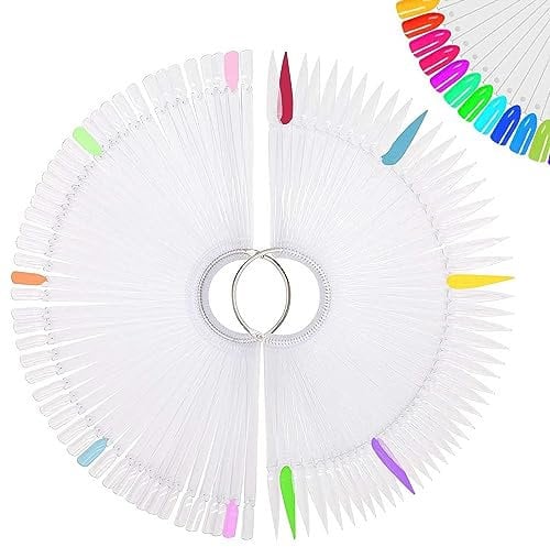 Pinkiou 100 Fan Shaped Nail Colour Sample Nail Polish Display Sticks False Nail Tips Nail Art Practice Tools With Metal Display Ring