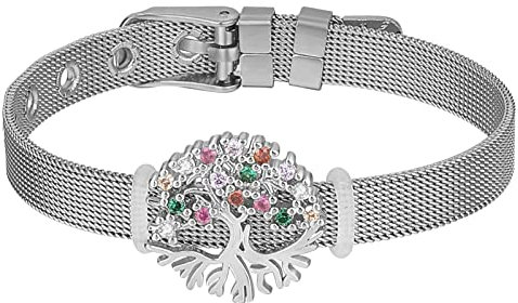 Flongo Bracelet pour Femme Délicat Zircon Arbre de Vie en Maille Acier Inoxydable Réglable Argent Cadeaux pour Fête des Mères Nouvel an Noël