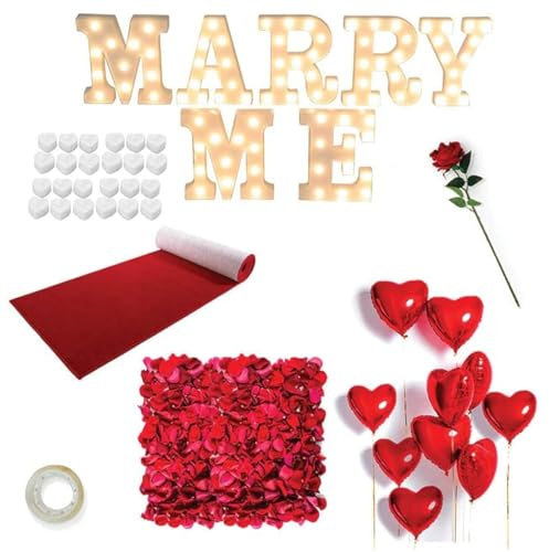 Proposal Decorations Kit, Marry Me Light Up Letters, 2000 Rose Petals, 24 Heart Shaped Romantic Candles, Red Carpet Aisle Runner 16 Feet, 10 Red Heart Balloons, 1 Engagement Rose Ring Box