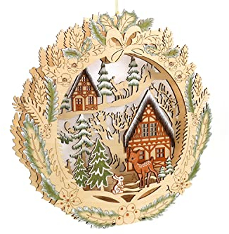 3D Beidseitiger Schwibbogen Lichterbogen Holzschnitt Winterlandschaft aus Holz zum Aufhängen mit Licht 35 * 6 * 35cm batteriebetrieben mit On-Off Schalter, Timer Funktion (6h On/18h Off)