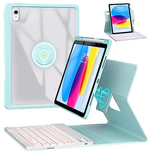 BLUTLOTUS Keyboard Case for iPad 10th Generation 2022 10.9 inch,360° Rotatable Magnetic Keyboard Case with Pencil Holder, 7 Color Backlit Detachable Keyboard, Smart Folio Tablet Cover (Sky Blue)