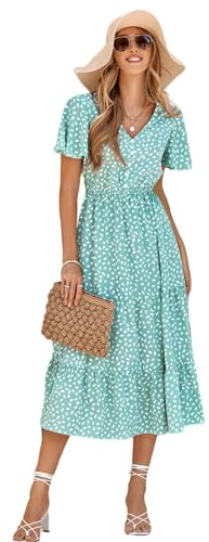 HEYPORK Damen Frühling Sommer Rock Bequem Lässig Kleider Mode Elegant Röcke Frauen V-Ausschnitt Ruffle Ärmel Bedrucktes Kleid(Hellgrün, M)