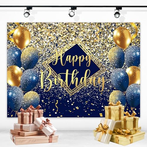 Blaues Gold Happy Birthday Banner, Geburtstags Banner Party Hintergrund für Geburtstagsdeko Foto Props, Geburtstagsfeier Dekorationen Banner für Mann und Frauen 150x100CM (B)
