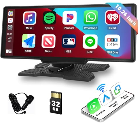 CAMECHO Wireless Carplay Android Auto Tragbares Autoradio, 10,26 Bildschirm Auto Carplay Display mit Bluetooth GPS Mirror link Sprachsteuerung FM-Transmitter AUX +32G TF Karte