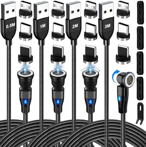AXFEE 4Pack USB C Magnetic Fast Charging Cable - 1.6/3.3/6.6/9.8ft, 18W, 540° Data Transfer, 7Pin Magnetic Charger for Type C/Micro USB/i-Products