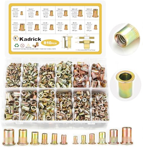 Kadrick Rivet Nut Kit, 810pcs SAE & Metric Rivet Nut Assortment Kit Galvanized Carbon Steel Flat Head Threaded Insert Nuts, Sizes 6-32 8-32 10-24 1/4-20 5/16-18 3/8-16 M3 M4 M5 M6 M8 M10