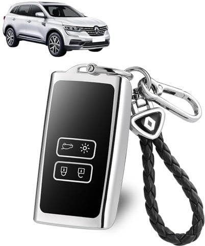 JIZZU Renault Protection Coque Clé, Coque de clé de voiture en TPU 4 Boutons, Porte-Clés de Voiture TPU avec porte-clés en cuir, Compatible avec Renault, Argent (Argenté)