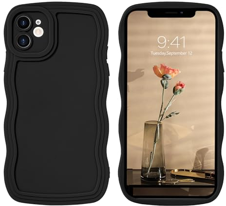 GUAGUA iPhone 12 Mini Wavy Case, Cute Curly Wave Shape Design Soft Hybrid TPU Bumper Drop Shockproof Protective Anti Slip Phone Case for iPhone 12 Mini 5.4'', Black