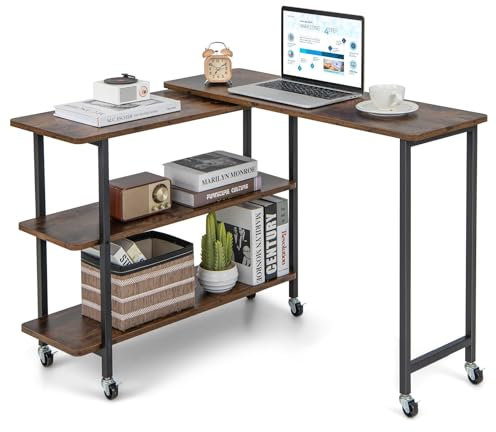 CASART Sofa Side Table, L-Shaped Computer Corner Desk with Wheels &Storage Shelves, 360 Degree Rotating Space Saving End Table for Home Office Living Room Bedroom (Rustic Brown, 140 x 30 x 69cm)