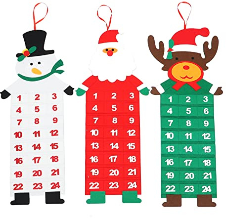 Cabilock 3 Stück Teiliges Weihnachtskalender aus Filz mit Santa Claus Adventskalender mit Kleinen Taschen zum Befüllen Hängende Weihnachtsdekoration für Kinderzimmer und Wohnzimmer