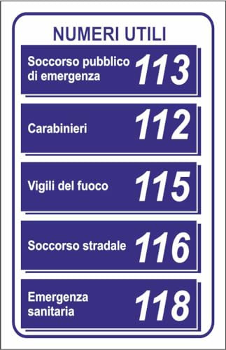 M-ITALY CARTELLO SEGNALETICO - NUMERI UTILI MOD 2 - Adesivo Extra Resistente, Pannello in Forex, Pannello In Alluminio (20x31, Plastica)