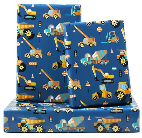 Road Under Construction Bagger-Traktor-Kipplaster-Geschenkpapier für Kinder und Jungen, Geburtstags-Geschenkpapier, Konstruktionsdesign, 7 Blatt, flach gefaltet, 50,8 x 71,1 cm pro Blatt, für