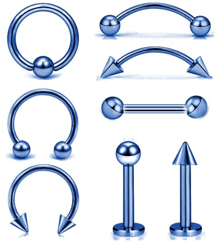 8 Stück 16G Blau Chirurgenstahl gerade gebogene Hanteln Hufeisen Schlangenaugen Zunge Nippel Bauch Augenbraue Nasenringe Ohrstecker Knorpel Mund Hoop Piercing Schmuck Damen Herren