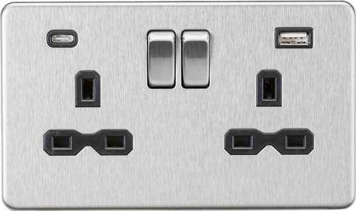 13A 2G SP Switched Socket with Dual USB A+C (5V DC 4.0A shared) - Brushed Chrome with Black Insert