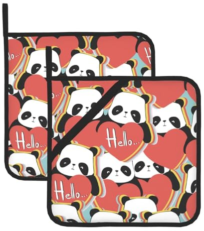 Set di 2 presine a forma di cuore panda per cucina, presine resistenti al calore, presine calde per bancone della cucina, presine con anello, presine per cucinare alla griglia e al forno