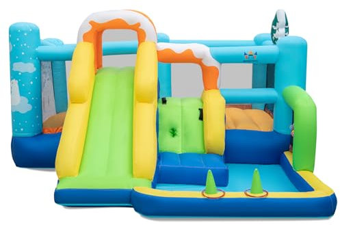GYMAX 7 in 1 Kids Bouncy House, Inflatable Jumping Castle with Climbing Wall, Ball Pit & Basketball Hoop, Indoor Outdoor Slide Bouncer for Garden Backyard, 425x360x195cm