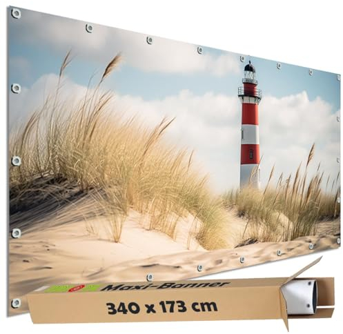 TRIOSK Große Motivplane Sichtschutz Zaunblende mit Motiv Leuchtturm Dünen Sand Strand Motivbanner Garten Deko Plane Blickdicht für Zaun Terrasse Gartenzaun Zaunplane PVC 340x173 cm