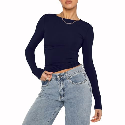 Women's Casual Crop Tops Slim Fit Top Crew Neck Long Sleeve Tight T-Shirt Basic Blouse Tee Tops(Dark Blue-9,S)