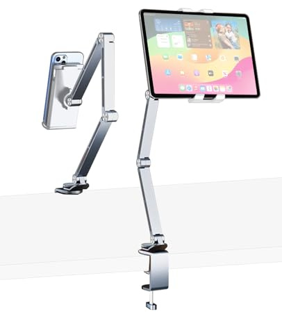HIBORI iPad Mount for Desk Aluminum Alloy Tablet Stand Foldable Overhead Arm Holder Mount Fits for 4.7-15.6 Screen Phone,Kindle,Fire HD,Monitor,iPad,Galaxy Tab Series (Silver)