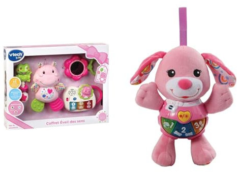 VTech - Coffret Naissance Éveil des Sens Rose, Premiers Jouets Bébé, Doudou Hippo en Peluche & Chant' Toutou Rose, Peluche Chien Interactive, Hochet Bébé, Éveil Musical, Jouet Poussette