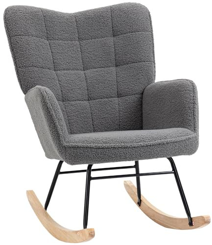 HOMCOM Fauteuil à Bascule, Rocking Chair, revêtement Bouclette, Fauteuil Allaitement, Chaise à Bascule, Structure en Acier, Pieds en Bois Massif, Gris foncé